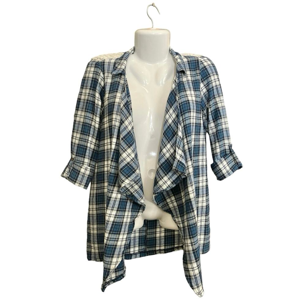 Grace & Lace Women's Multicolor Plaid Open Drape Front Back Lace Top | Size S